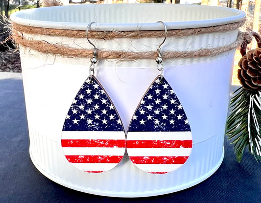 Patriotic USA Stars & Stripe Teardrop Wooden Earrings