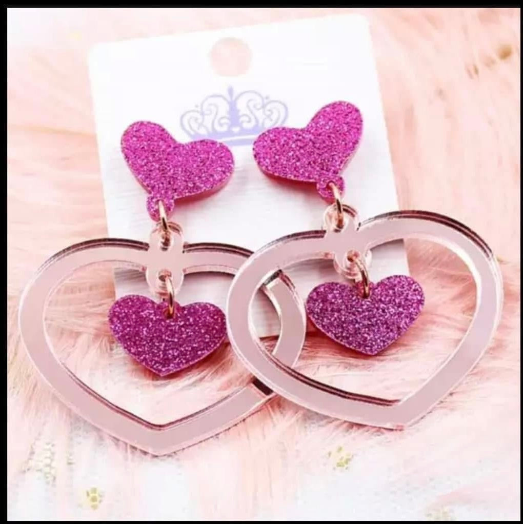 VALENTINE ROSE GOLD DOUBLE HEART ACRYLIC STUD DANGLE EARRINGS