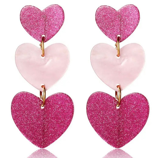 Barb Pink/Light Pink Three Heart Acrylic Earrings.