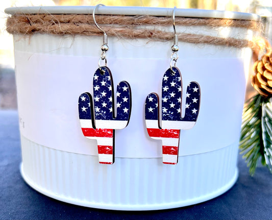 Patriotic USA Stars & Stripe Cactus Wooden Earrings