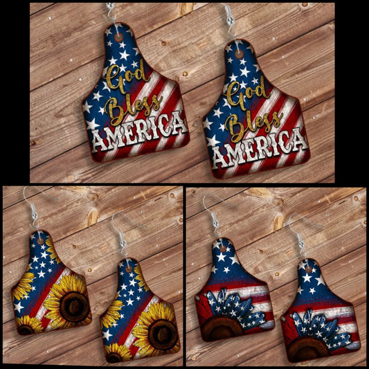 USA Fourth of July Cow Tag Wooden Earrings
