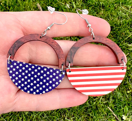 USA Blue Red Stripe/ Blue Star Circle Fourth Of July Wooden Earrings