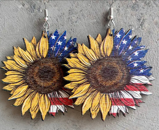 Patriotic USA Stars & Stripe Sunflower Wooden Earrings