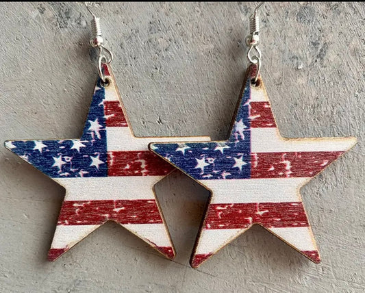 Patriotic USA Stars & Stripe Star Wooden Earrings