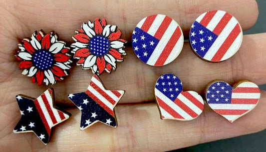 USA American Fourth Of July Wooden Stud Earrings