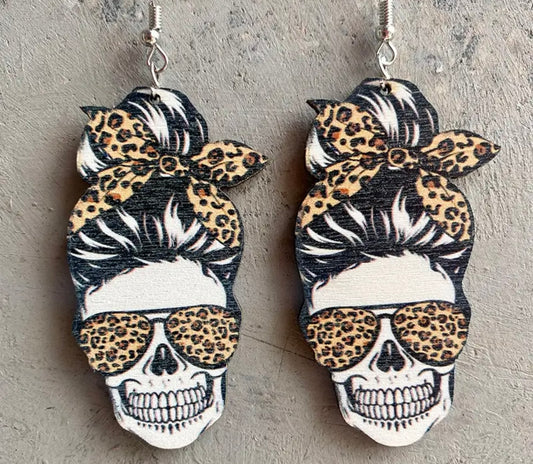 Cheetah Skull Wooden Earrings