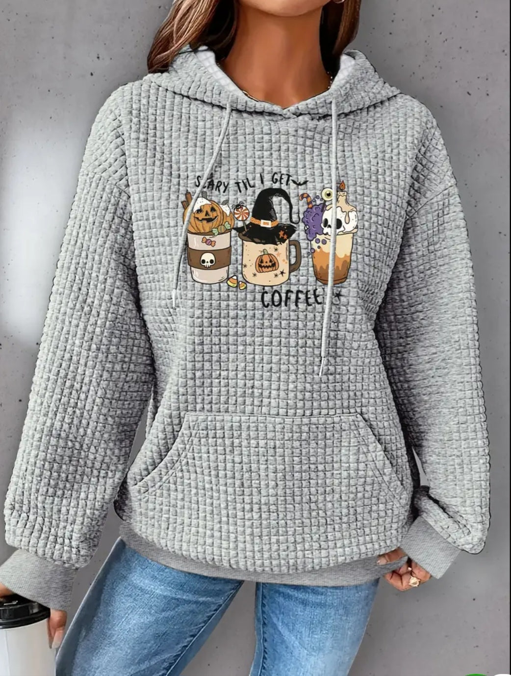 PREORDER Halloween Scary Till I Get My Coffee Knit Waffle Pullover Hooded Sweater