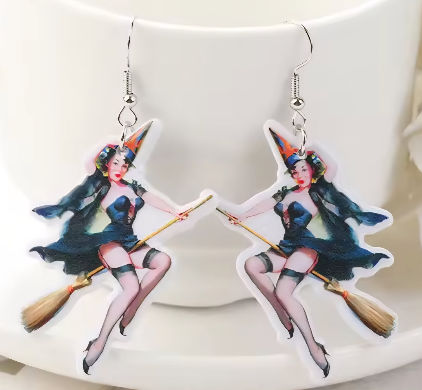 PREORDER Halloween Pin Up Witch Acrylic Dangle Earrings