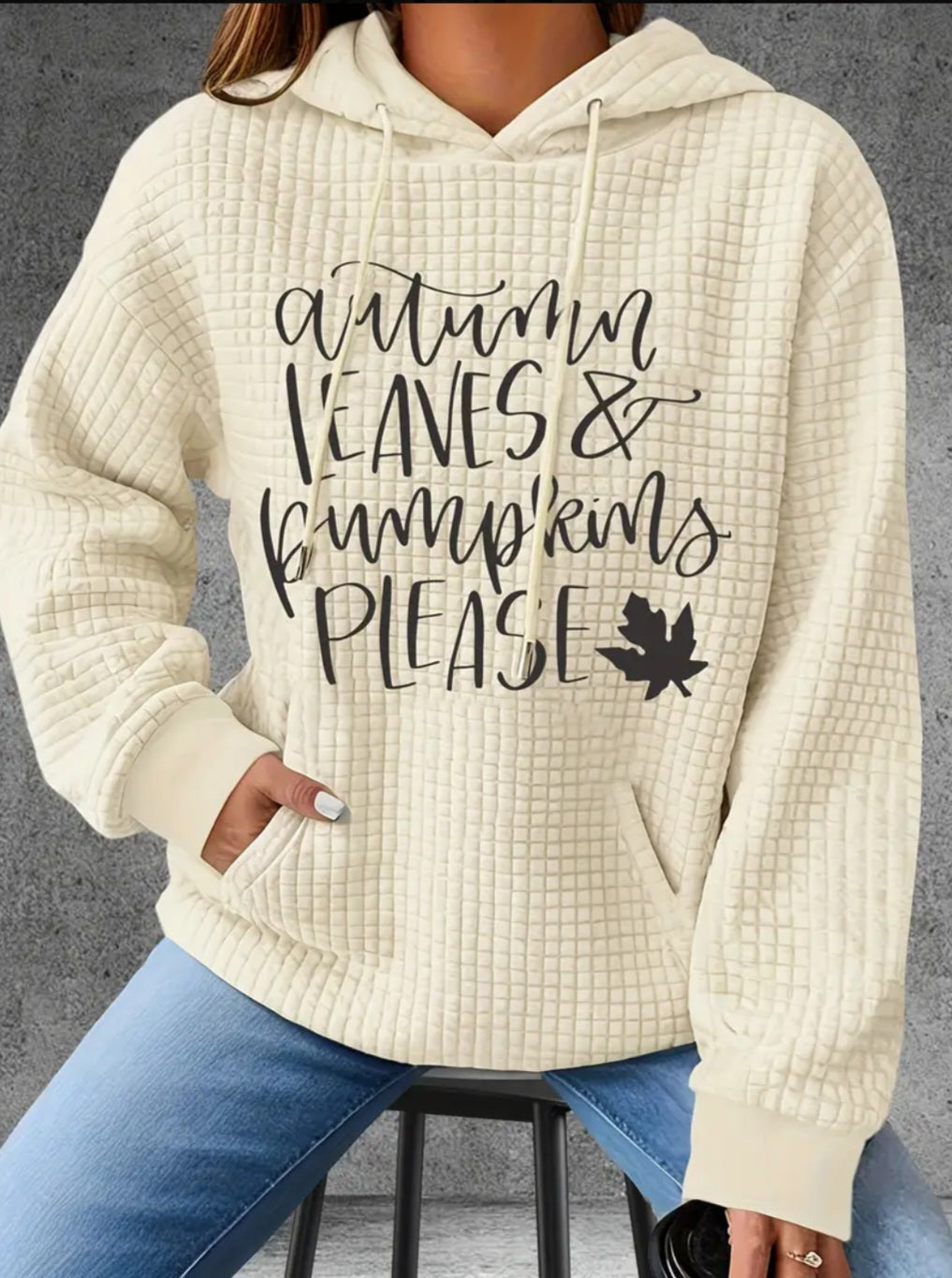 PREORDER Halloween Autumn Leaves & Pumpkins Please Knit Waffle Pullover Hooded Sweater
