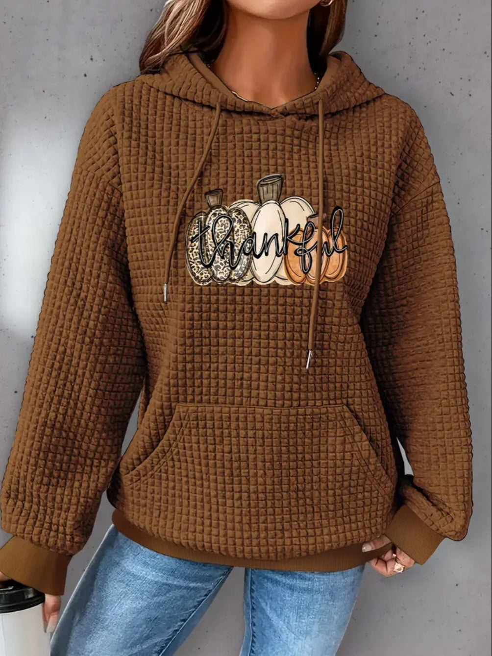 PREORDER Halloween Thankful Leopard Pumpkin Knit Waffle Pullover Hooded Sweater