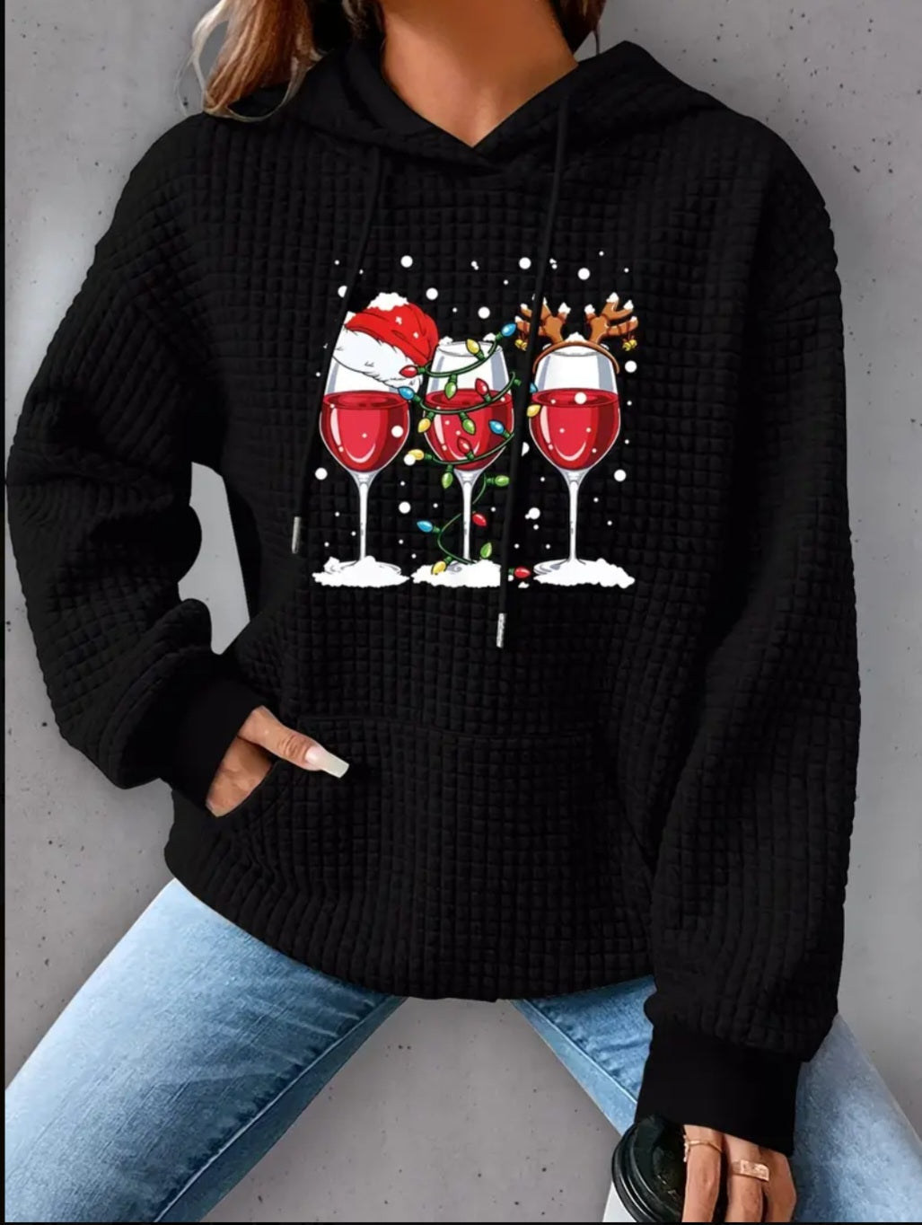 PREORDER Christmas Wine Knit Waffle Pullover Hooded Sweater