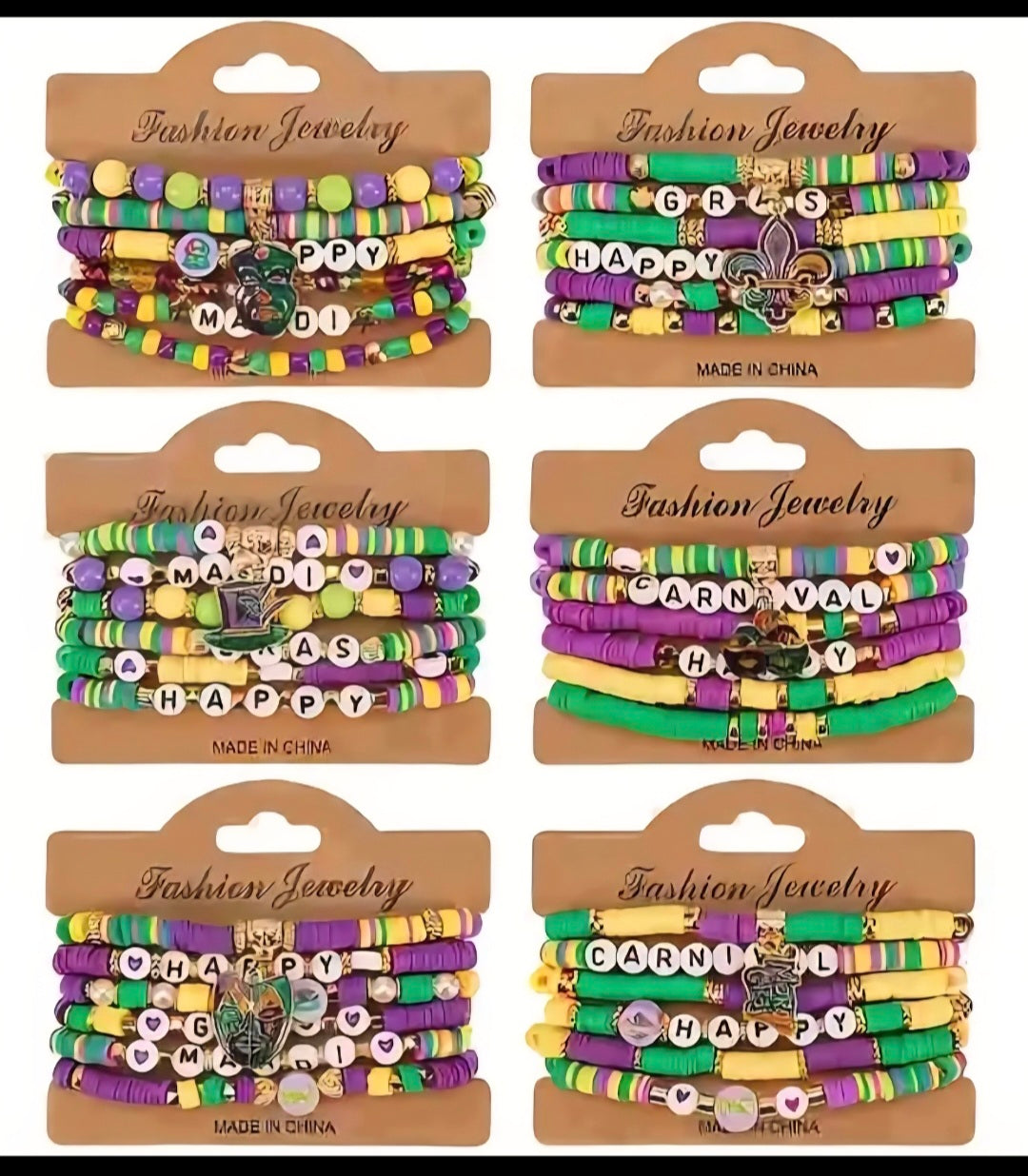 Mardi Gras 6 Pack Polymer Bracelet Set