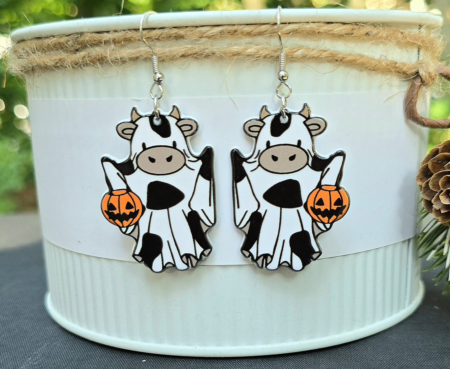 HALLOWEEN Cow Ghost Trick Or Treat Acrylic Dangle Earrings