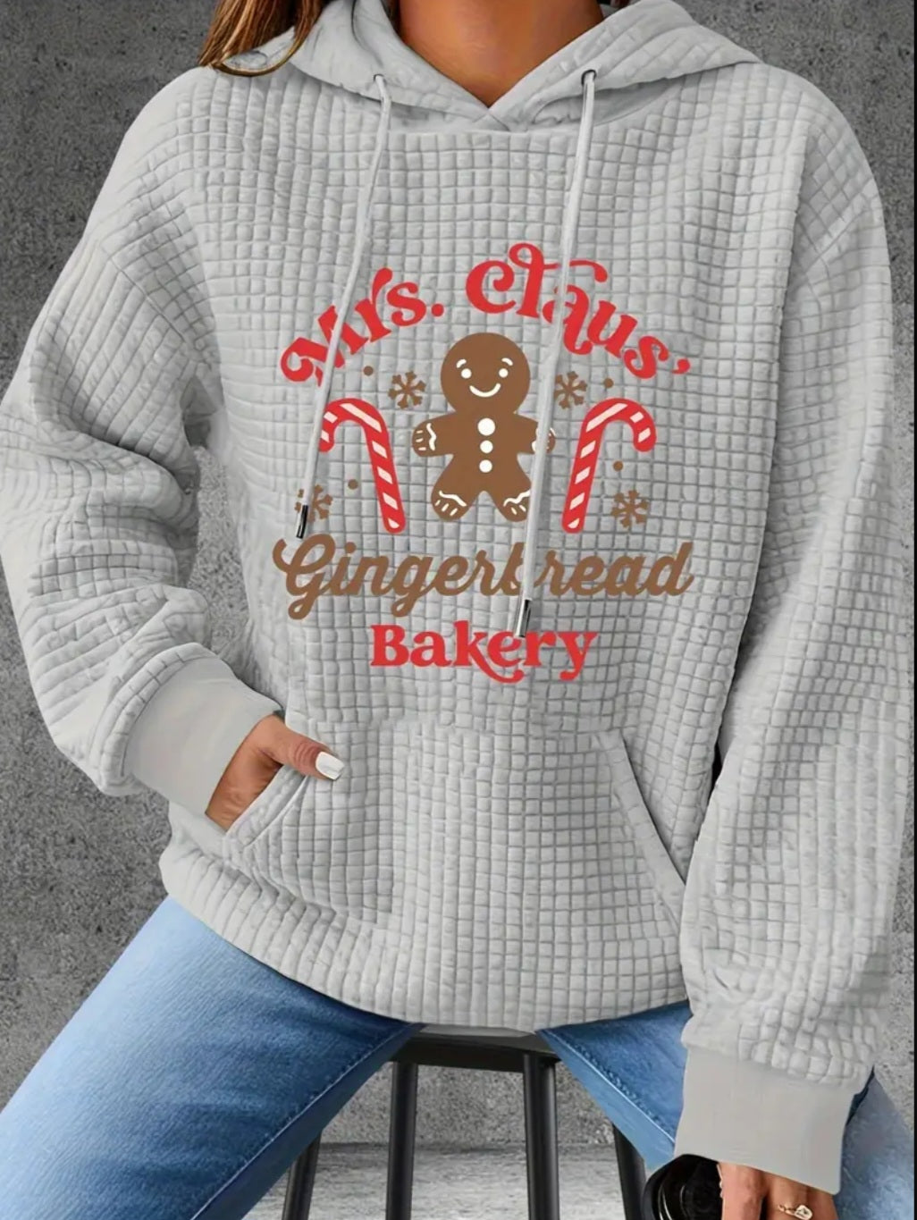 PREORDER Christmas Mrs.Claus Gingerbread Bakery Knit Waffle Pullover Hooded Sweater