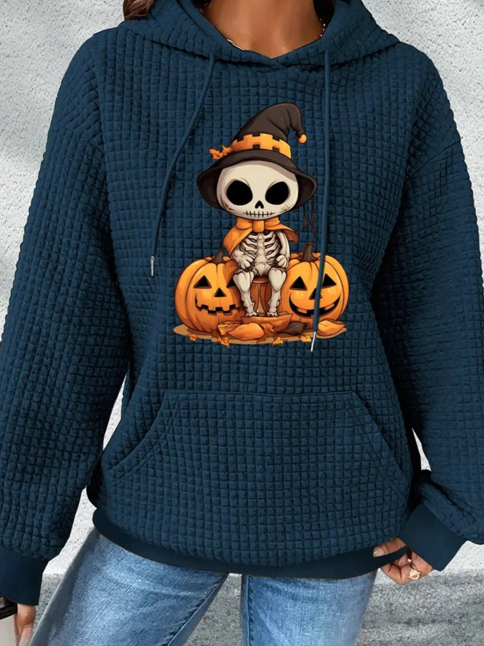PREORDER Halloween Skeleton Jack O Lantern Knit Waffle Pullover Hooded Sweater