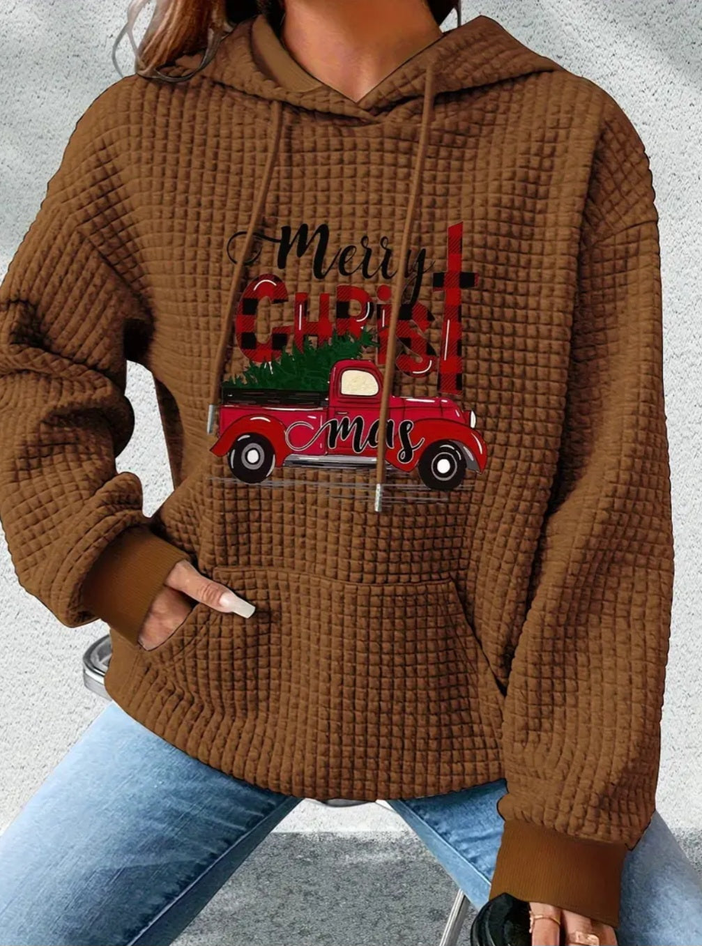 PREORDER Merry Christ Mas Knit Waffle Pullover Hooded Sweater
