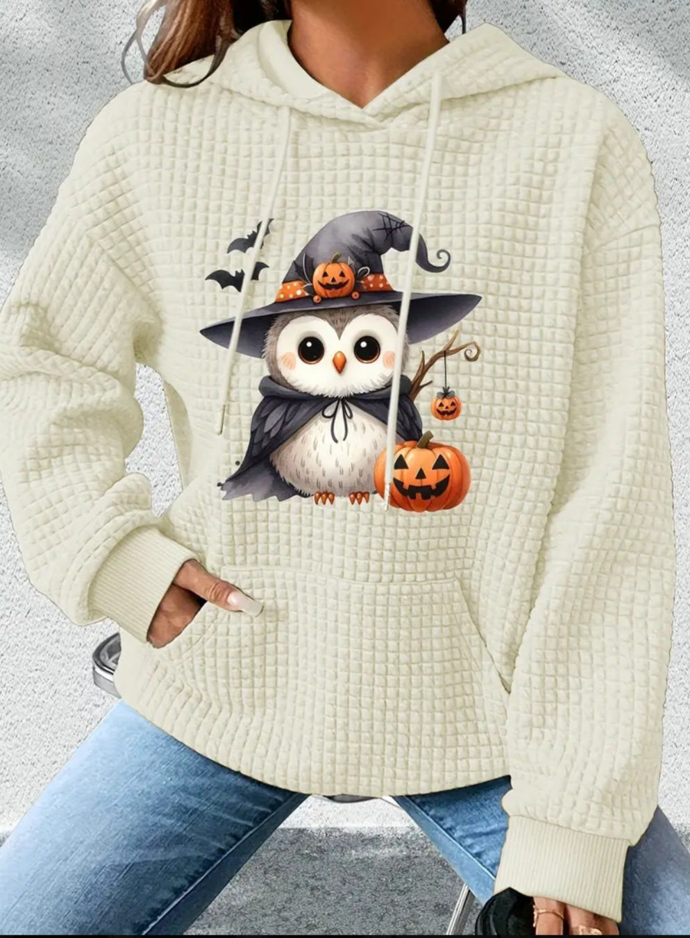 PREORDER Halloween Witch Owl Knit Waffle Pullover Hooded Sweater
