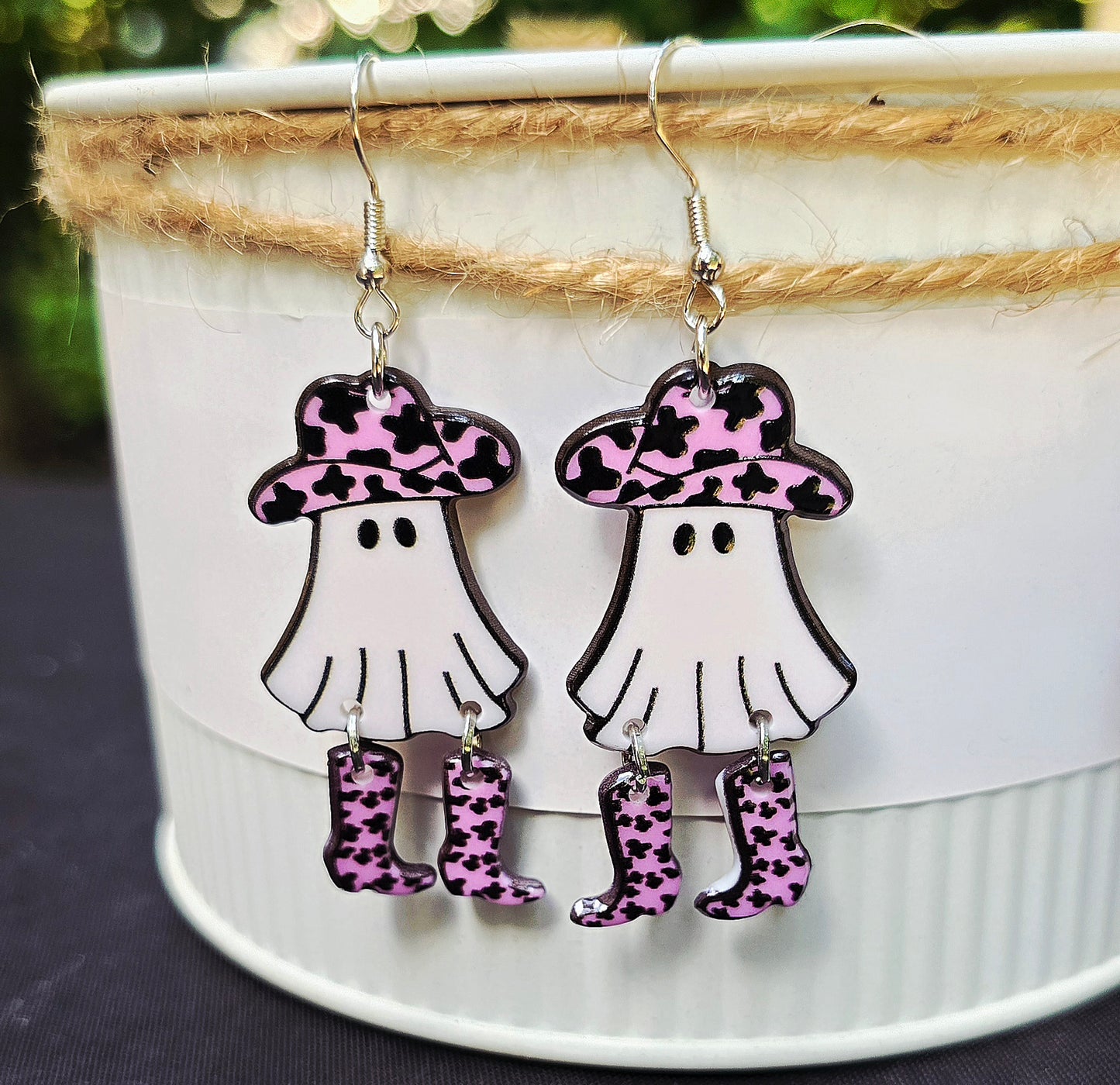 HALLOWEEN Cowgirl Leopard Boot Ghost Acrylic Dangle Earrings