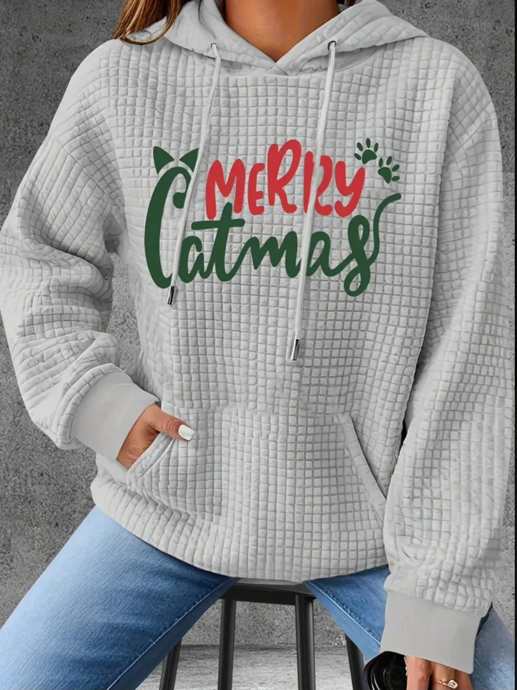 PREORDER Merry Catmas Knit Waffle Pullover Hooded Sweater