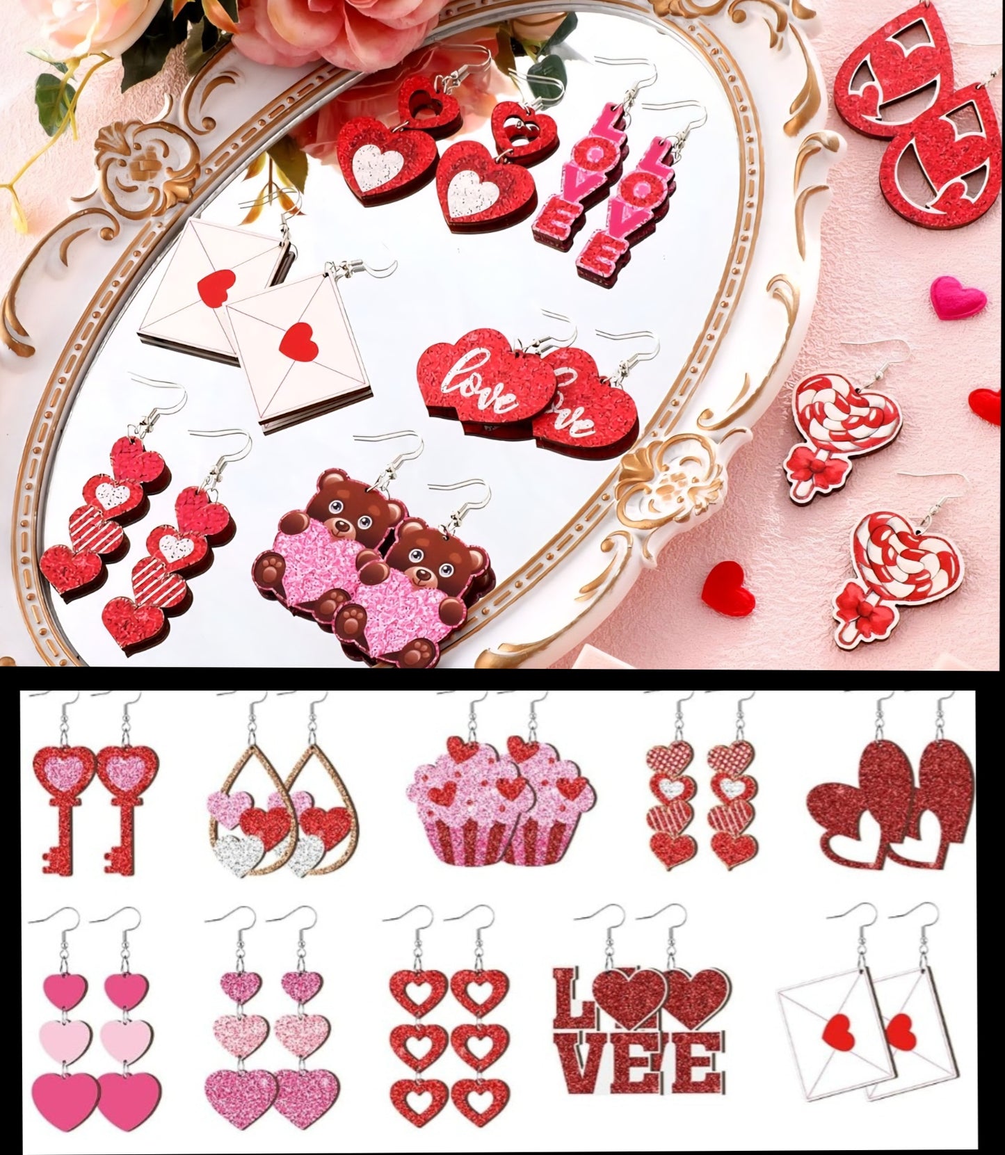 Random Valentine Glitter Wooden Earrings