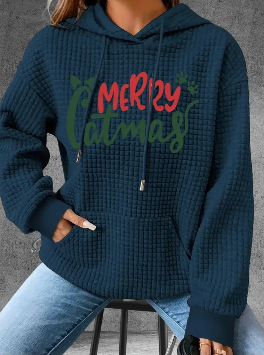 PREORDER Merry Catmas Knit Waffle Pullover Hooded Sweater