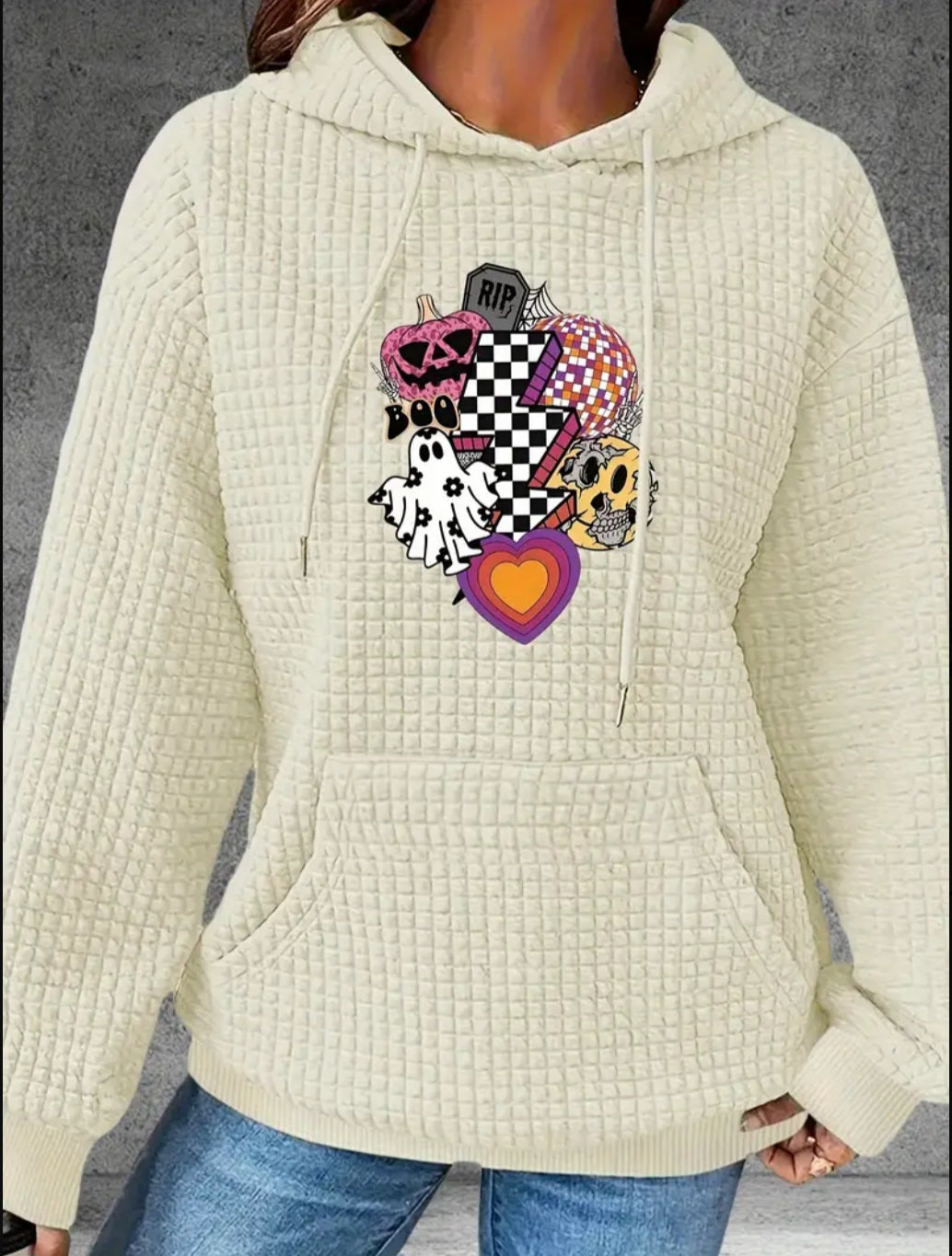PREORDER Halloween Boo Checkered Lightning Bolt Knit Waffle Pullover Hooded Sweater