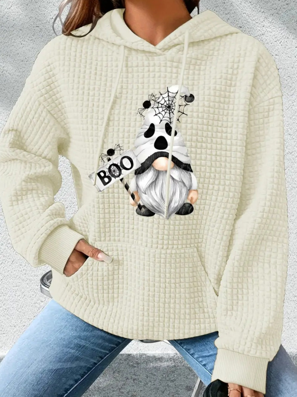 PREORDER Halloween Boo Gnome Knit Waffle Pullover Hooded Sweater
