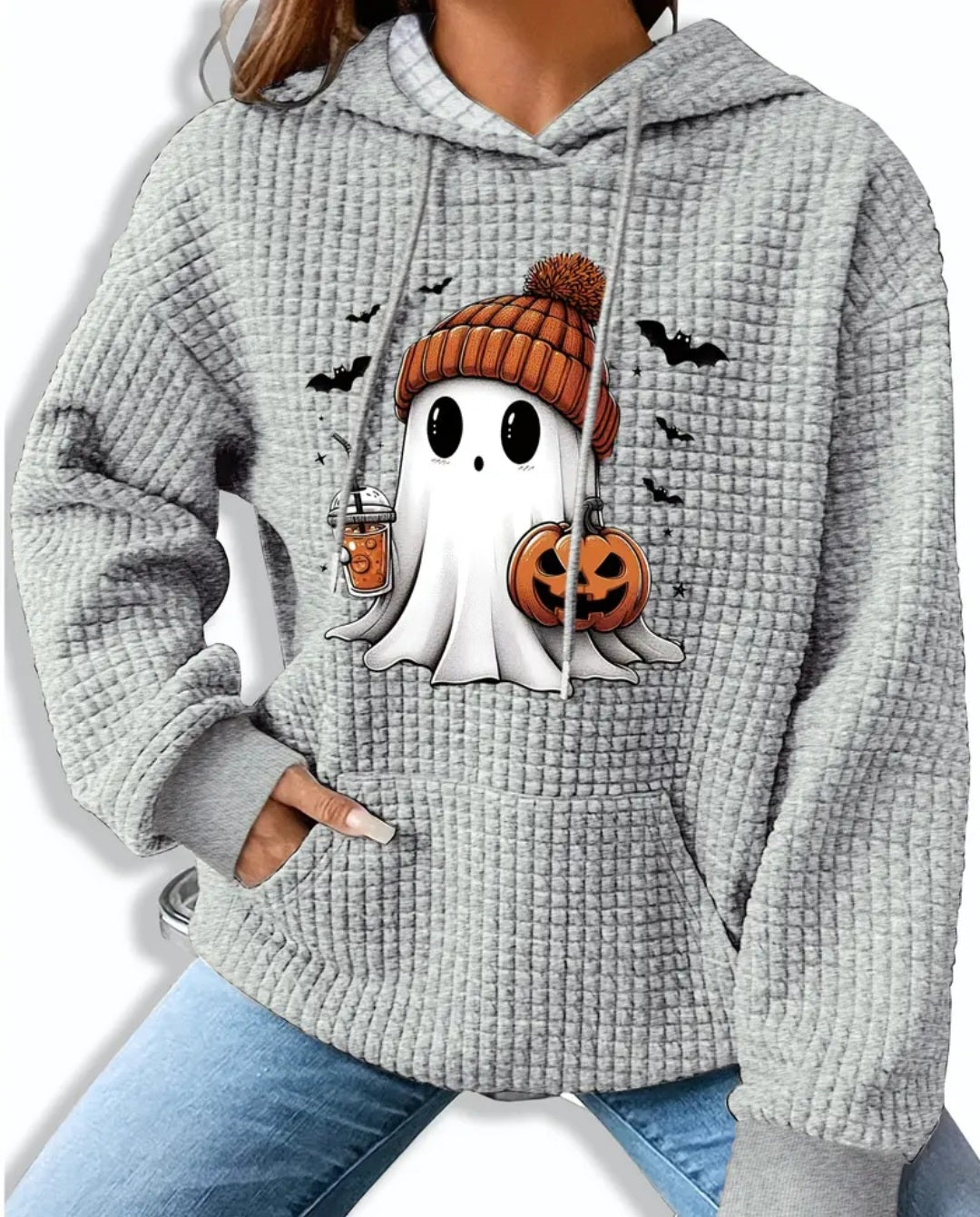 PREORDER Pumpkin Spice Ghost Knit Waffle Pullover Hooded Sweater