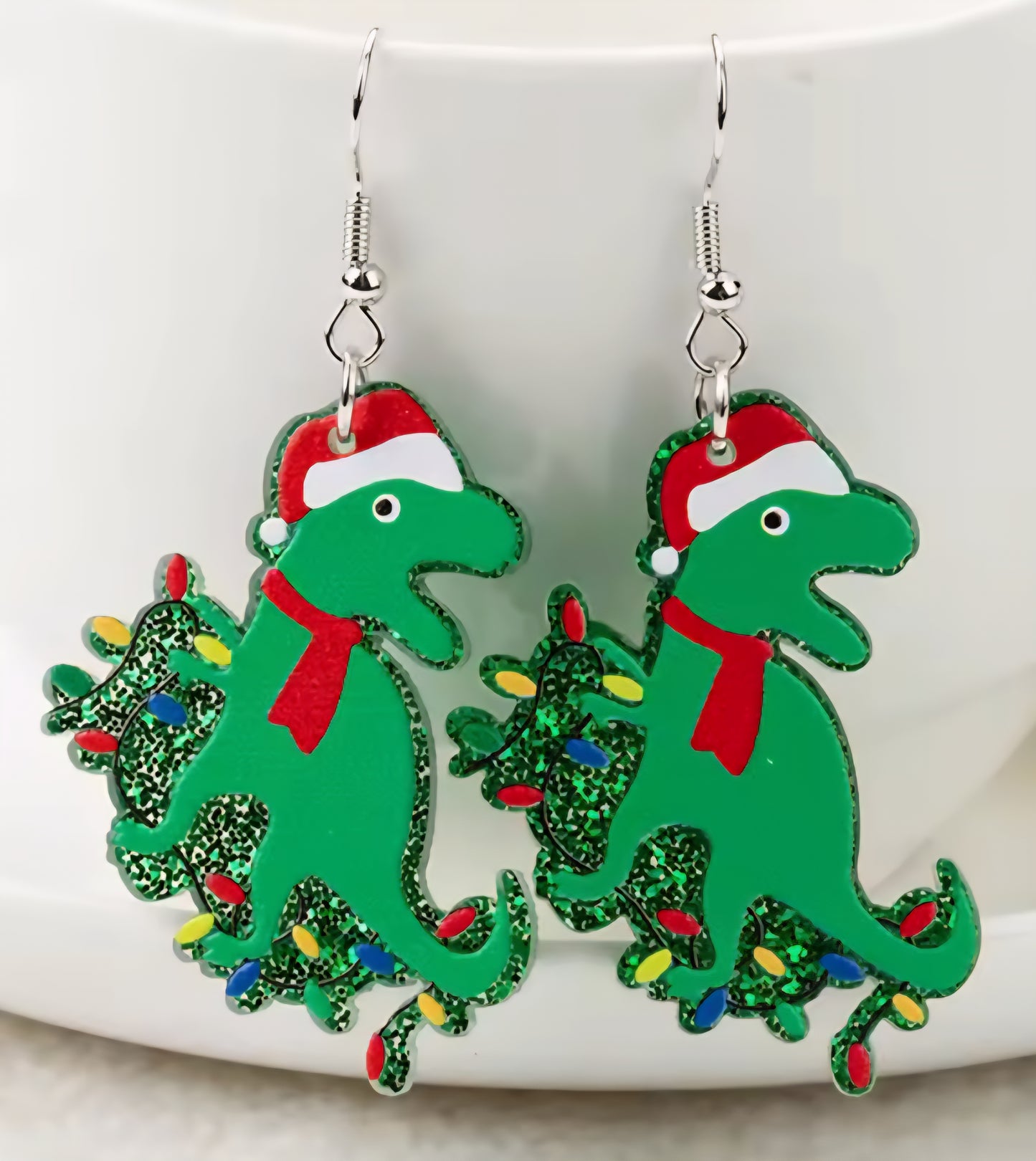 PREORDER T-Rex Dinosaur Christmas Lights Acrylic Dangle Earrings