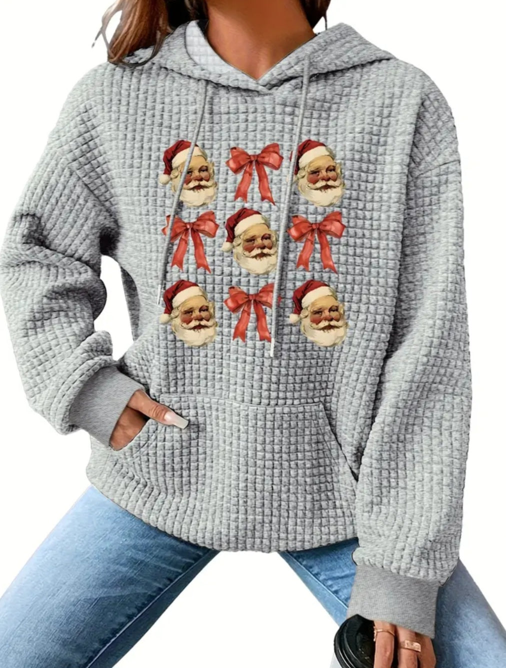PREORDER Christmas Santa & Bows Knit Waffle Pullover Hooded Sweater