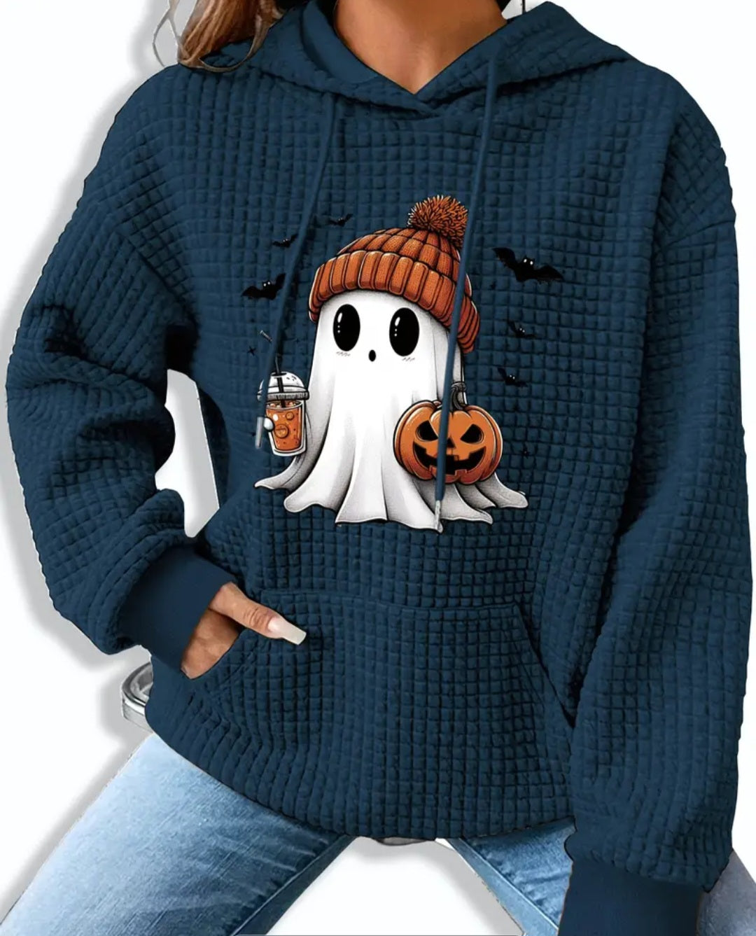 PREORDER Pumpkin Spice Ghost Knit Waffle Pullover Hooded Sweater