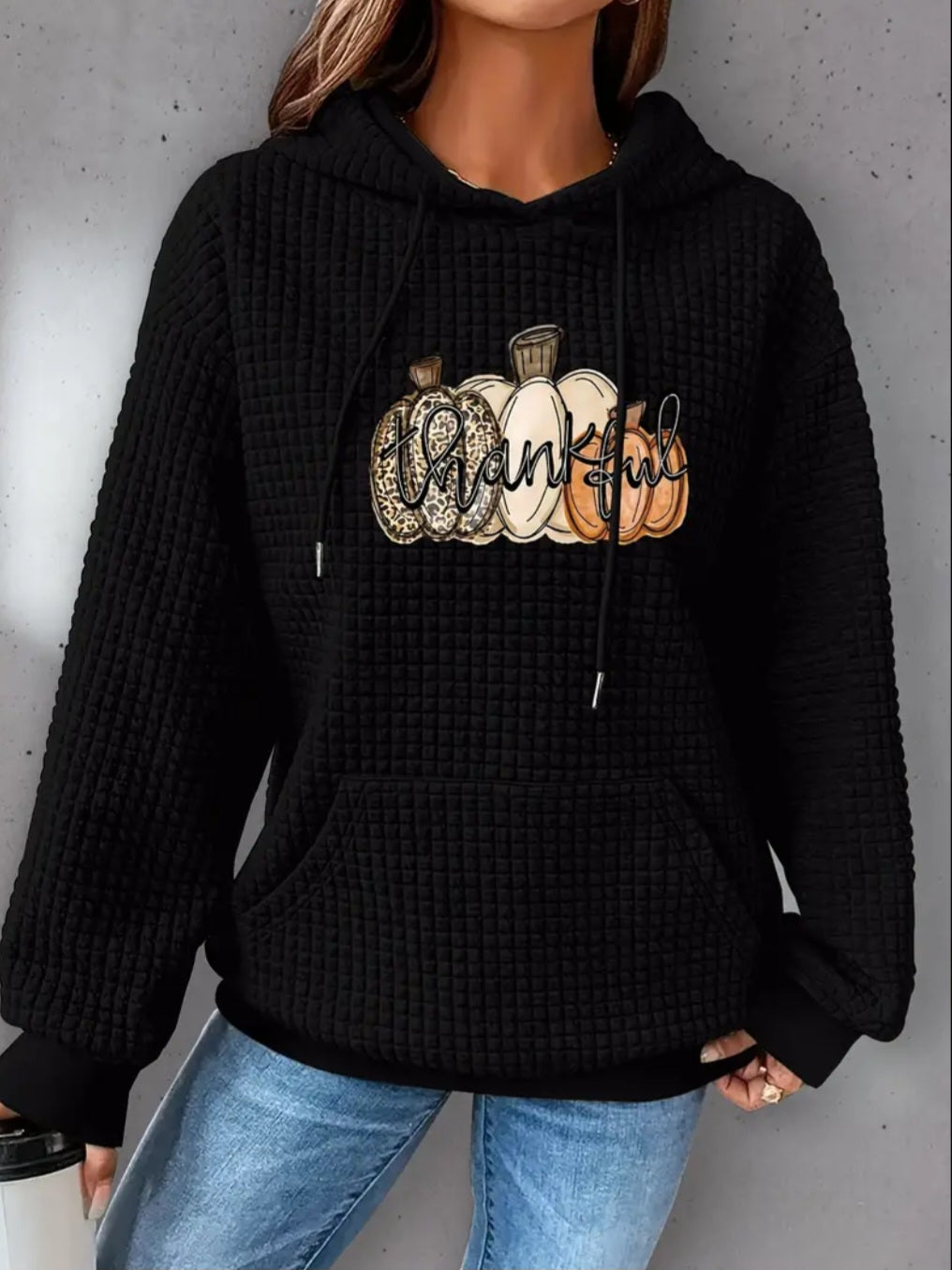 PREORDER Halloween Thankful Leopard Pumpkin Knit Waffle Pullover Hooded Sweater