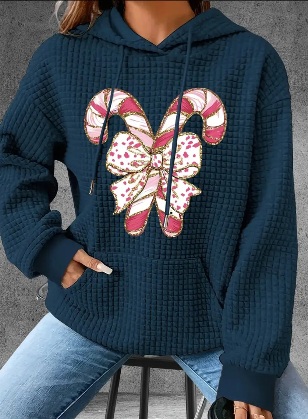 PREORDER Christmas Pink Candy Canes Knit Waffle Pullover Hooded Sweater