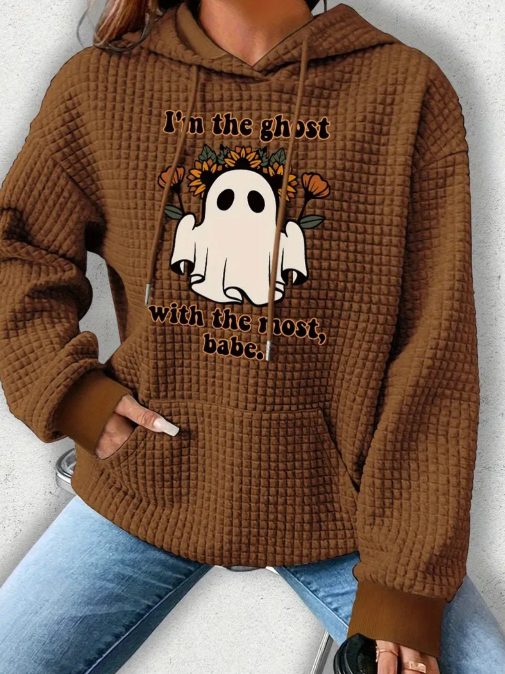 PREORDER Halloween Ghost With The Most Knit Waffle Pullover Hooded Sweater