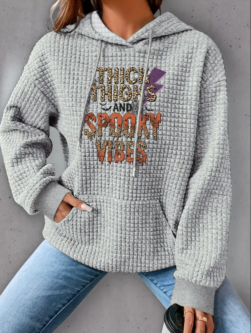 PREORDER Halloween Thick Thighs And Spooky Vibes Knit Waffle Pullover Hooded Sweater