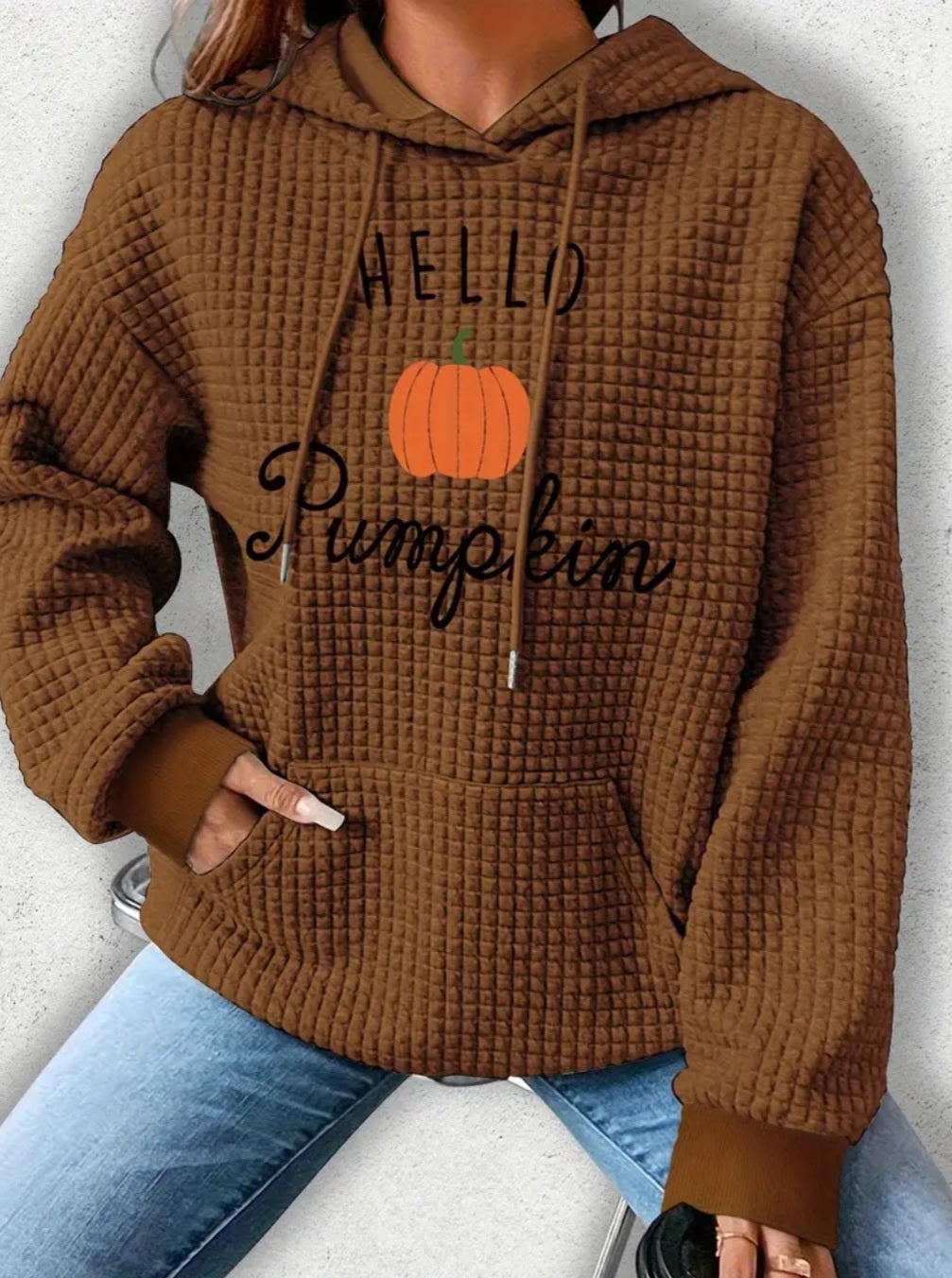 PREORDER Halloween Hello Pumpkin Knit Waffle Pullover Hooded Sweater