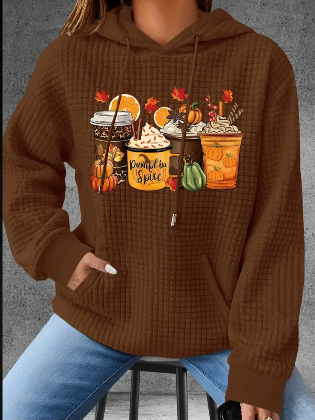 PREORDER Pumpkin Spice Frappes Knit Waffle Pullover Hooded Sweater