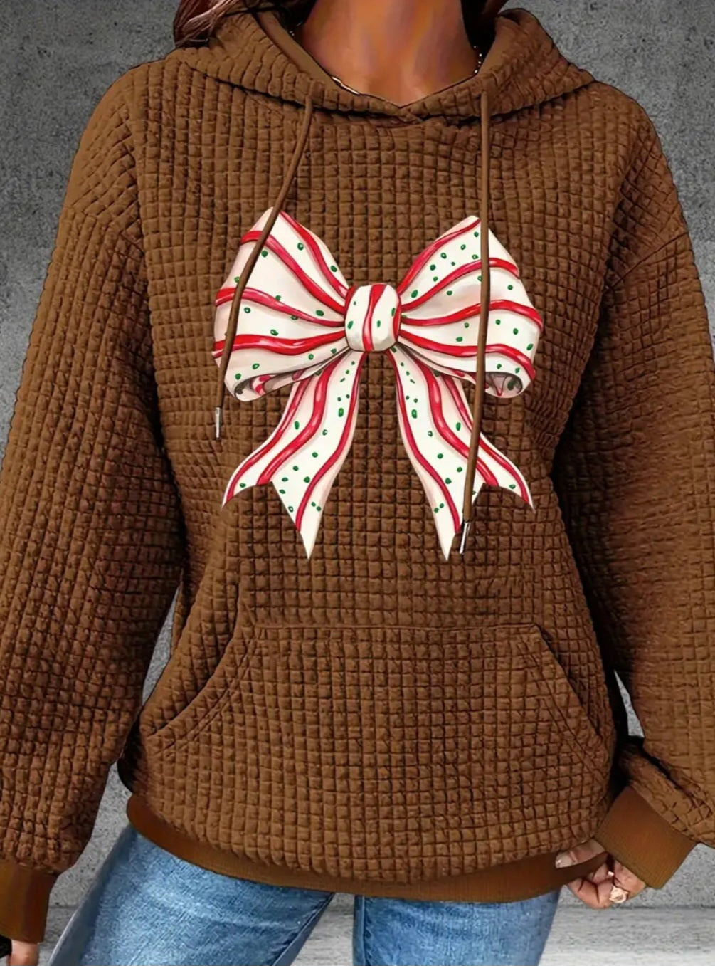 PREORDER Christmas Tree Bow Knit Waffle Pullover Hooded Sweater