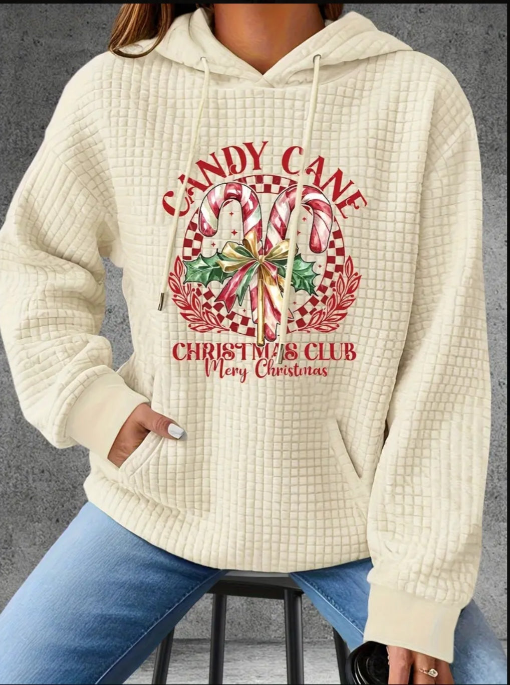 PREORDER Christmas Candy Cane Christmas Club Knit Waffle Pullover Hooded Sweater