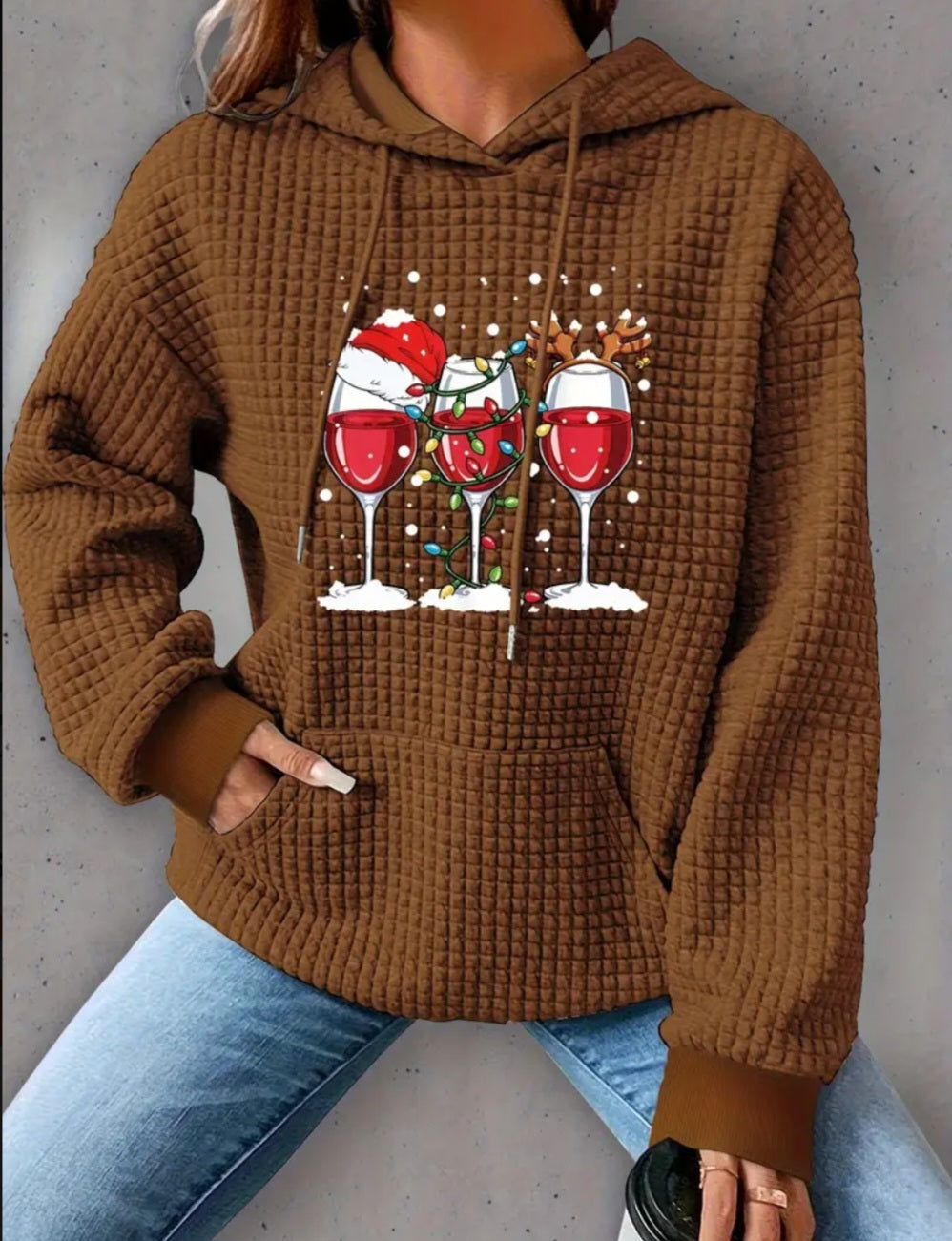 PREORDER Christmas Wine Knit Waffle Pullover Hooded Sweater