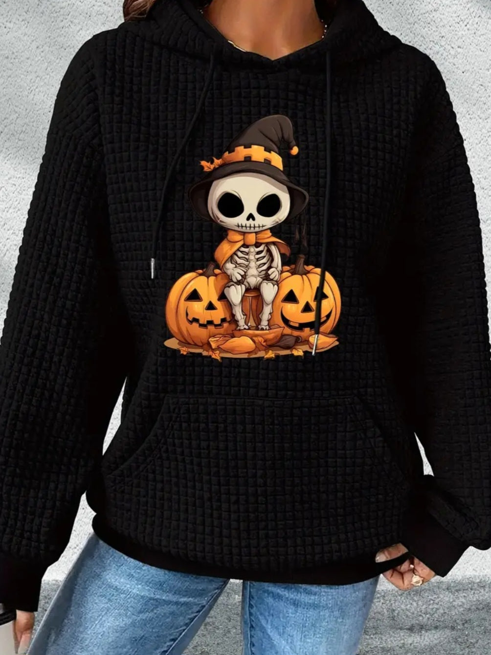 PREORDER Halloween Skeleton Jack O Lantern Knit Waffle Pullover Hooded Sweater