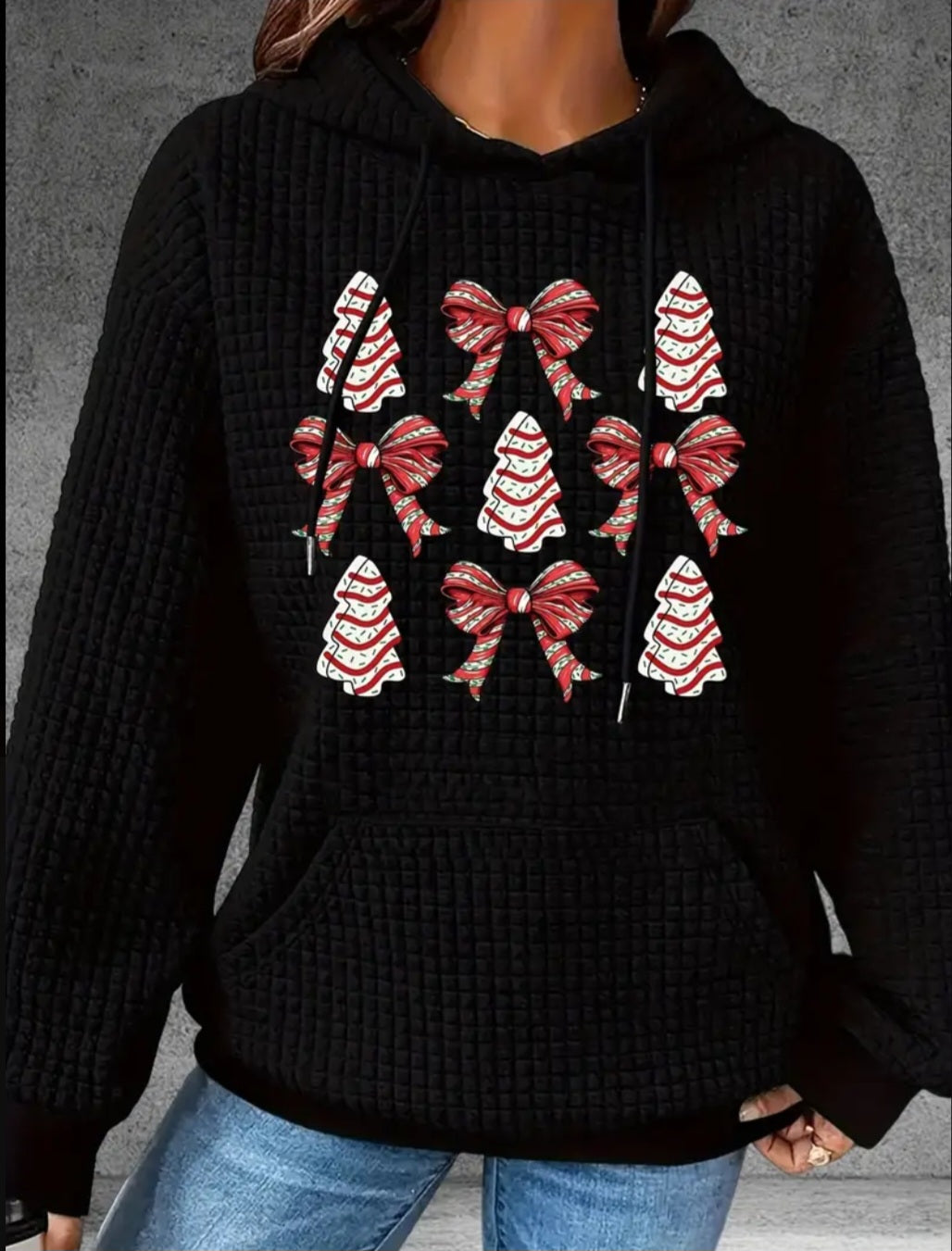 PREORDER White Christmas Tree & Bows Knit Waffle Pullover Hooded Sweater