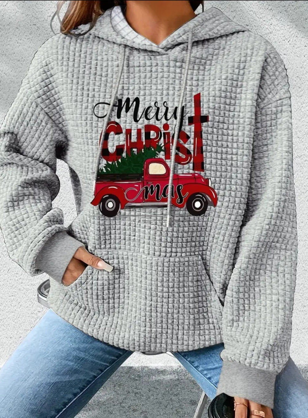 PREORDER Merry Christ Mas Knit Waffle Pullover Hooded Sweater