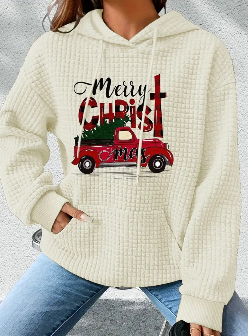 PREORDER Merry Christ Mas Knit Waffle Pullover Hooded Sweater