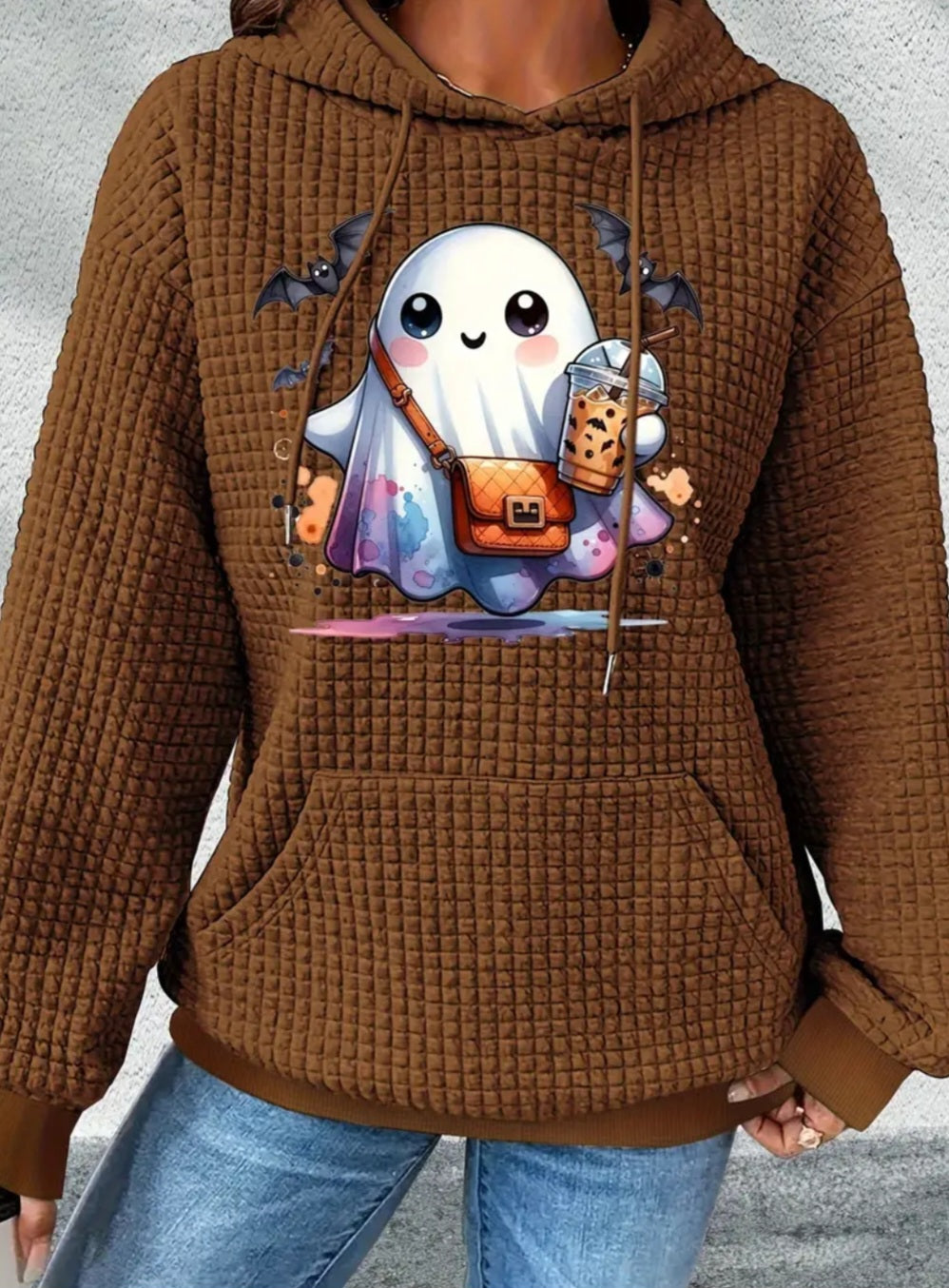 PREORDER Halloween Boujee Ghost Knit Waffle Pullover Hooded Sweater