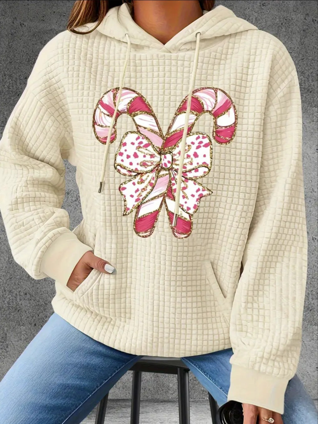 PREORDER Christmas Pink Candy Canes Knit Waffle Pullover Hooded Sweater