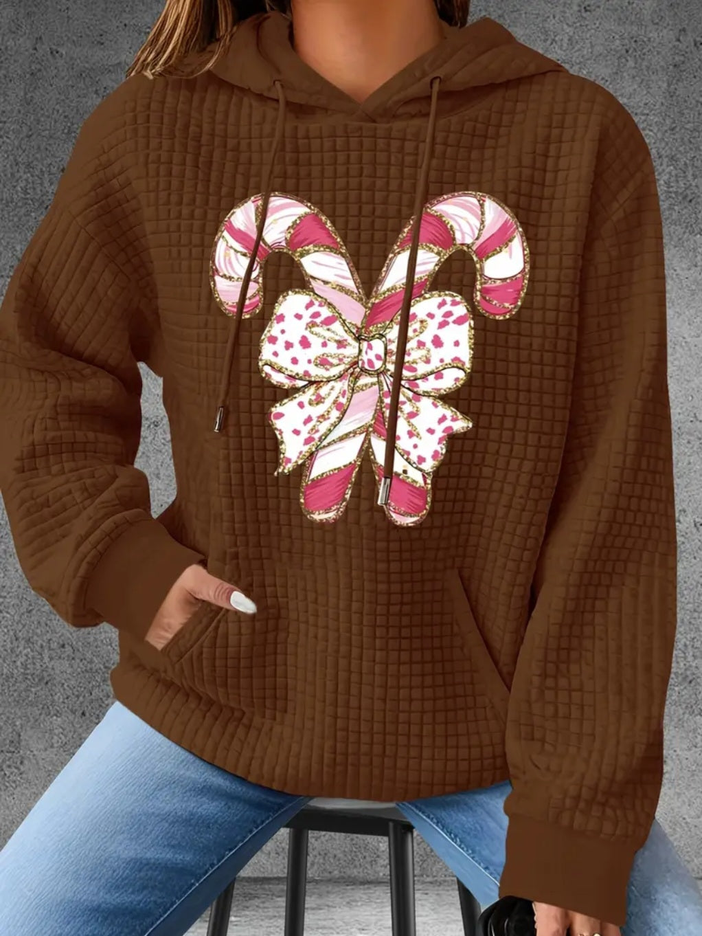 PREORDER Christmas Pink Candy Canes Knit Waffle Pullover Hooded Sweater