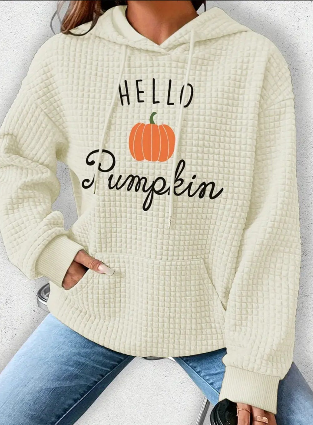 PREORDER Halloween Hello Pumpkin Knit Waffle Pullover Hooded Sweater