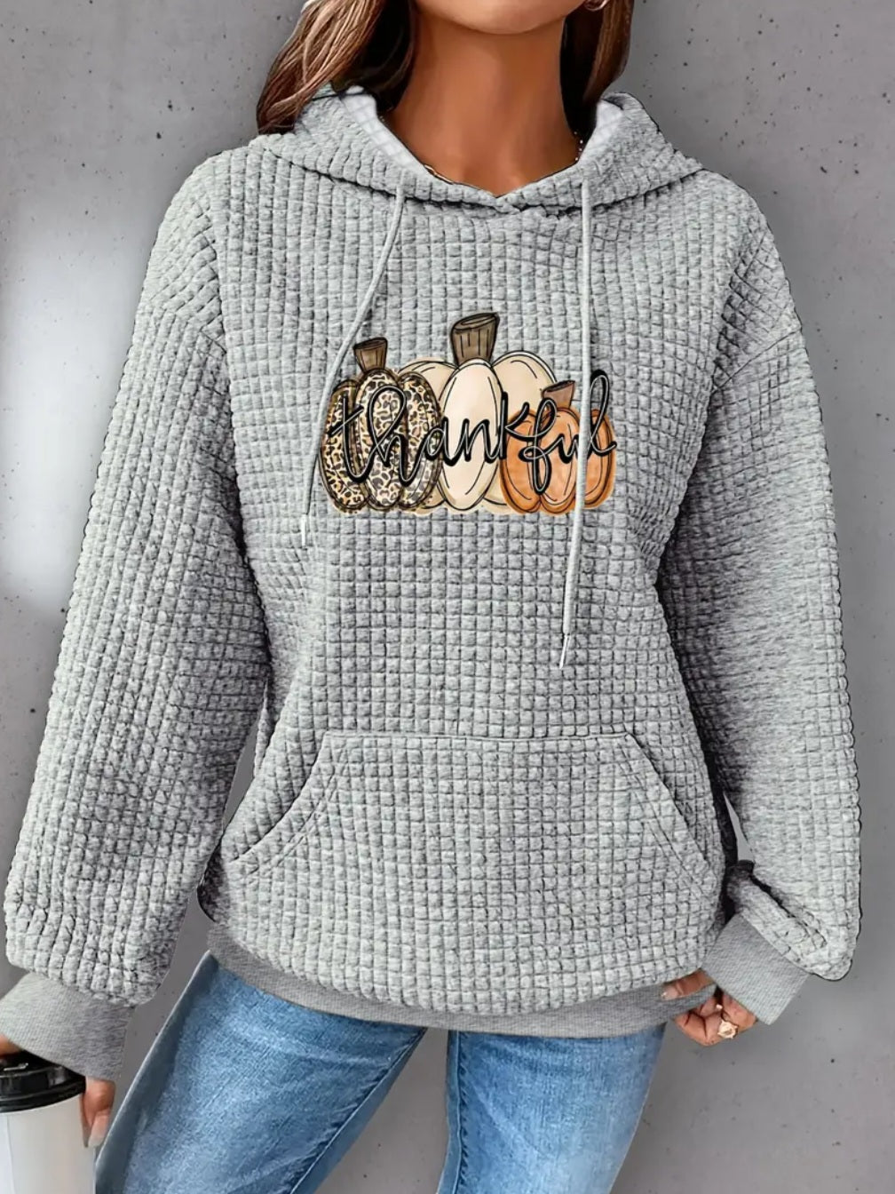 PREORDER Halloween Thankful Leopard Pumpkin Knit Waffle Pullover Hooded Sweater
