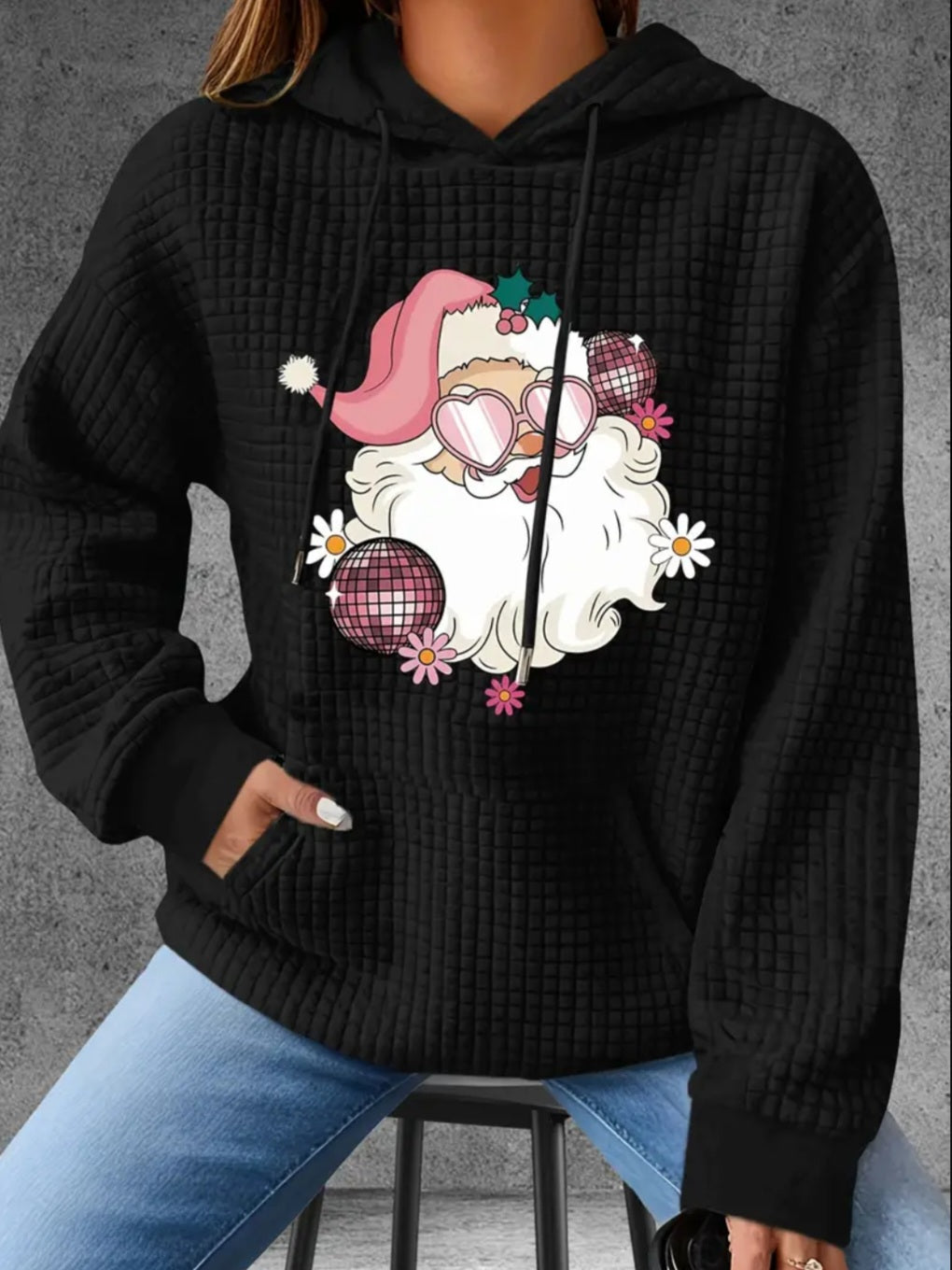PREORDER Christmas Pink Disco Santa Knit Waffle Pullover Hooded Sweater